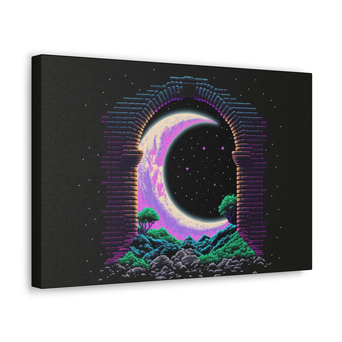 Crescent Moon Through Stone Arch Night Stars Pixel Fantasy Art Poster - Image 2