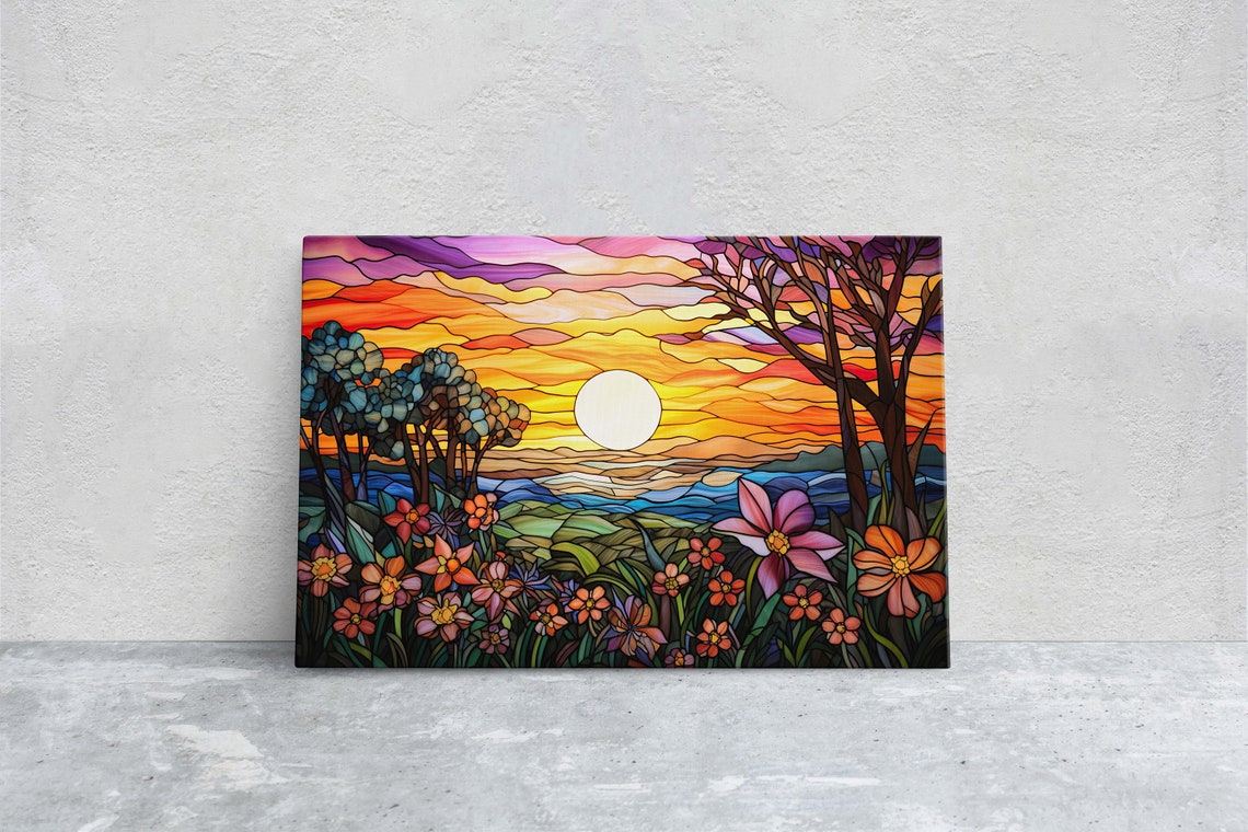 Stained Glass Sunset Wildflower Meadow Field Mountain View Art Print