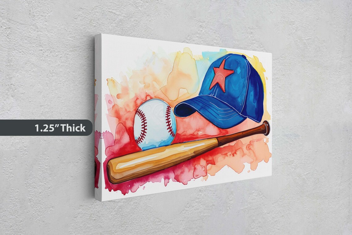 Colorful Watercolor Baseball Blue Cap Red Star Wooden Bat Art Poster - Image 3