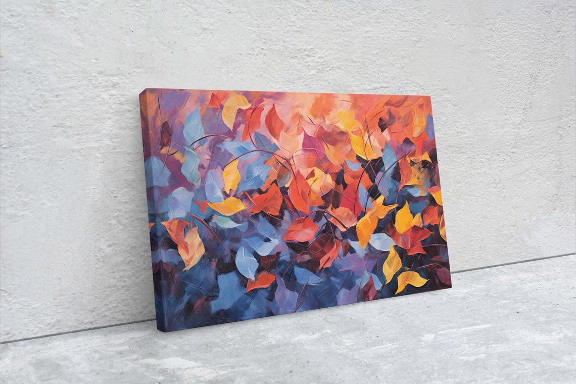 Dramatic Fall Foliage Deep Blue Orange Red Abstract Leaf Art Poster - Image 2