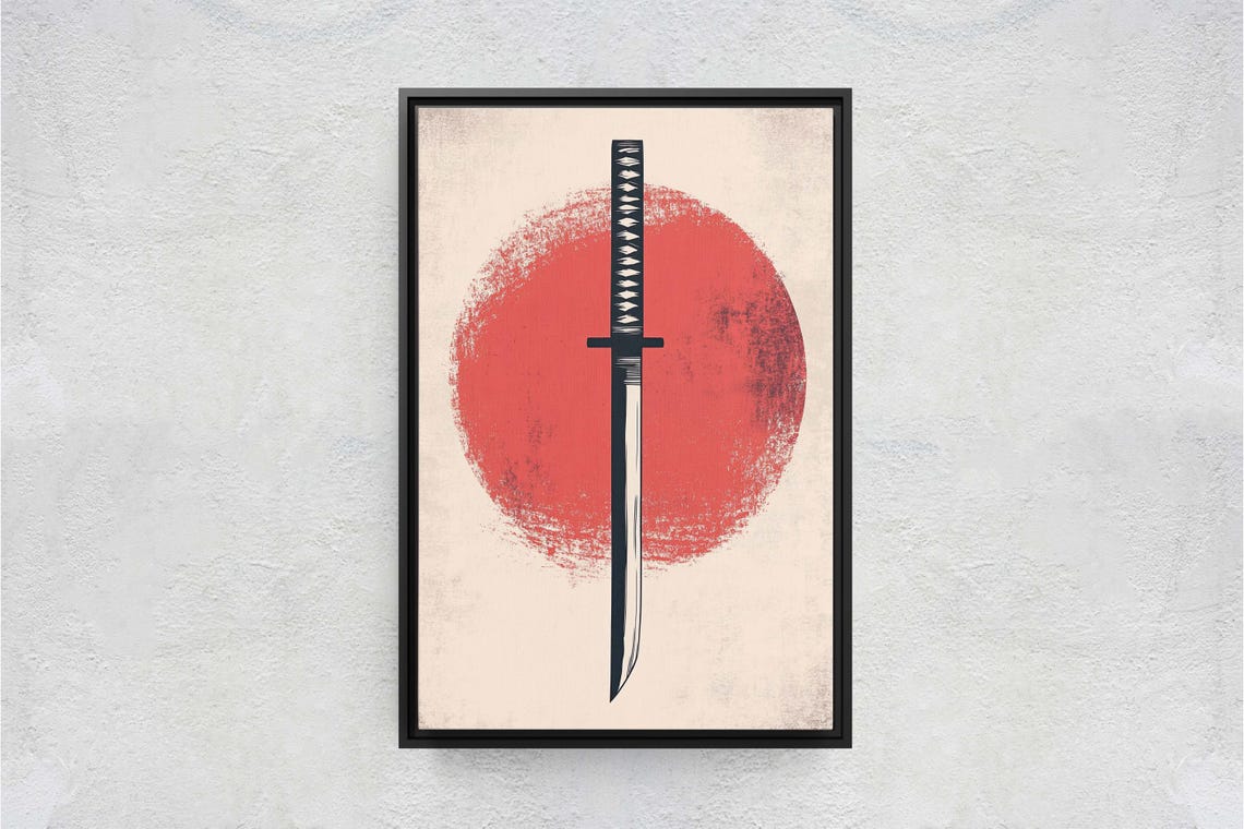 Japanese Katana Sword Over Red Sun Minimalist Japan Art Poster