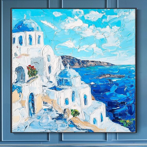 Santorini Greece White Buildings Blue Domes Aegean Sea Impasto Wall Art