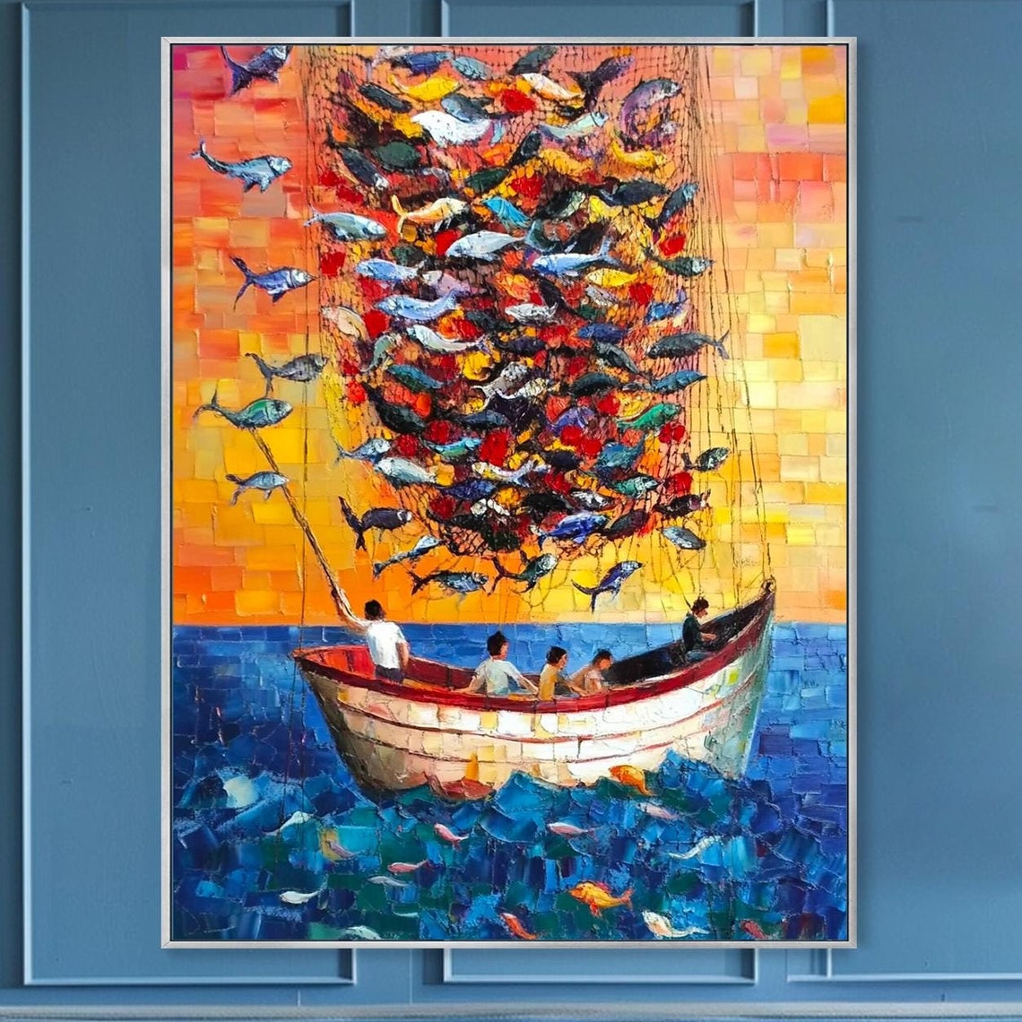 Fishermen Boat Full Net Colorful Fish Sunset Sea Nautical Wall Art