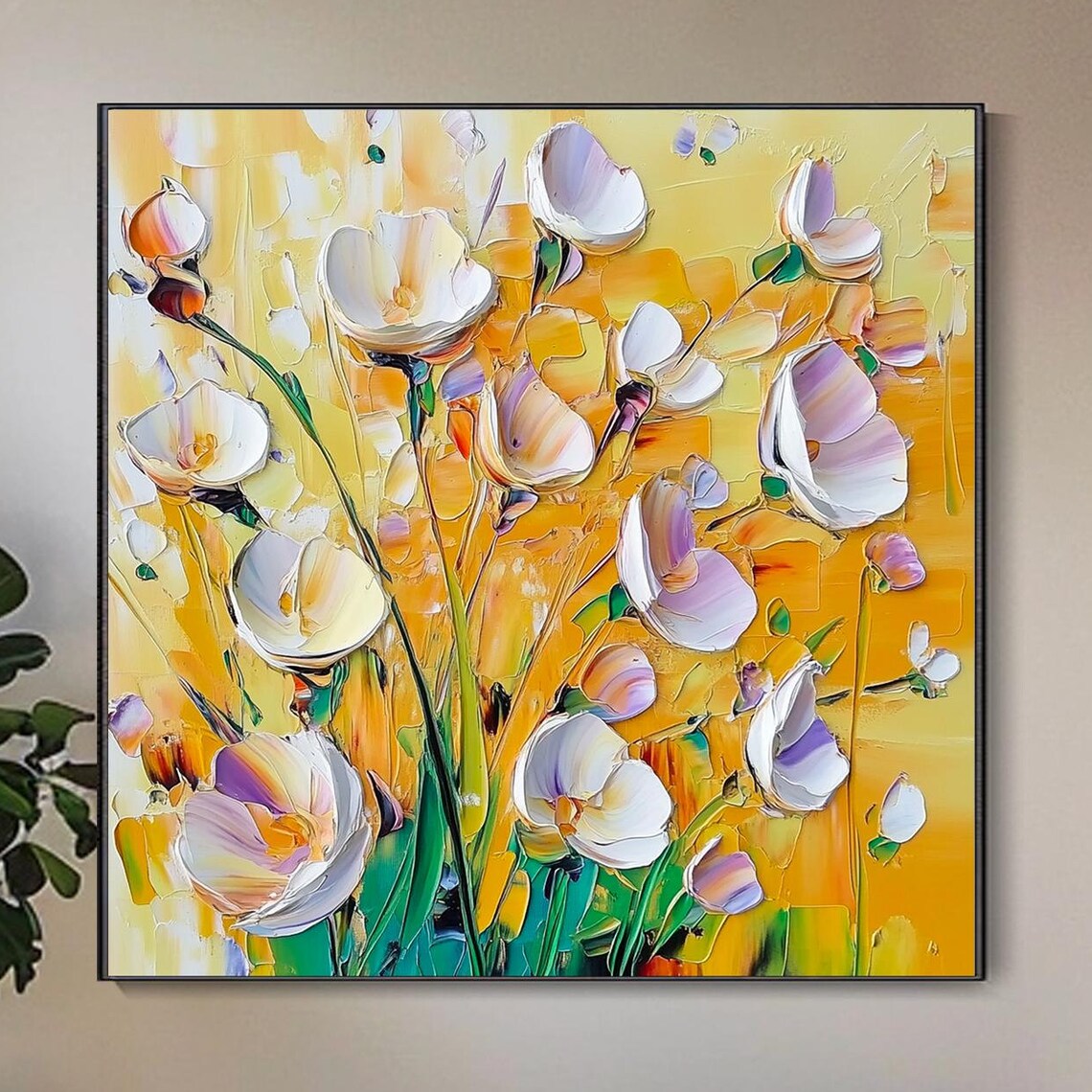 White Cosmos Flowers Golden Yellow Background Impasto Floral Wall Art
