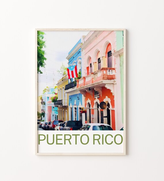 Puerto Rico Old San Juan Colonial Balconies with Flag Travel Poster