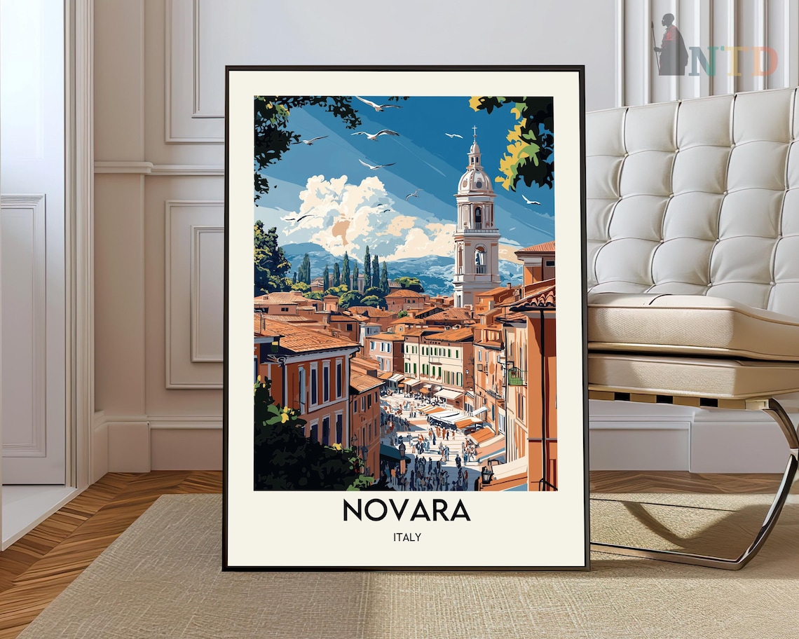 Novara Italy Bell Tower Over Bustling Market Street Travel Poster