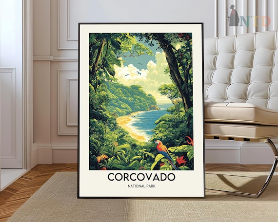 Corcovado National Park Costa Rica Poster Rainforest Beach and Parrot