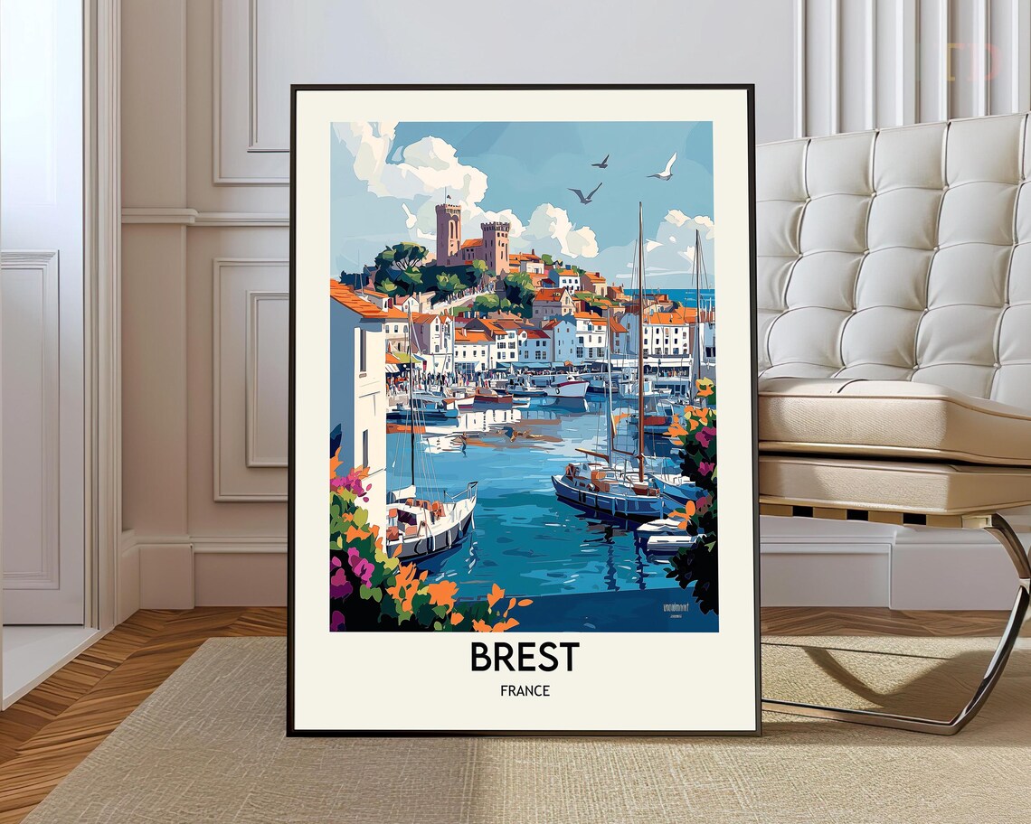Brest France Harbor Sailboats and Hilltop Citadel Poster Brittany