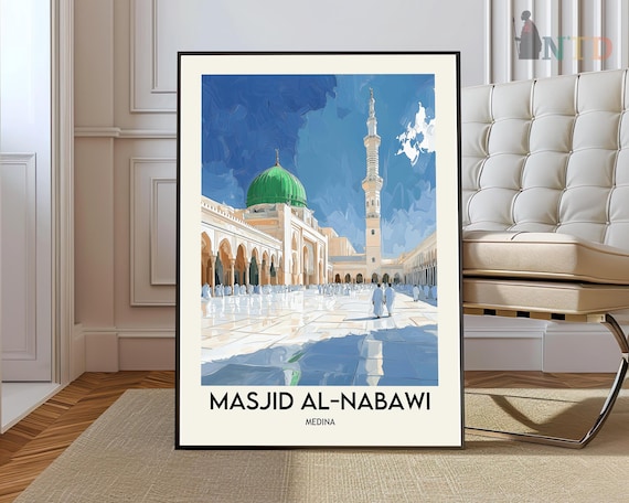 Masjid al-Nabawi Medina Green Dome Sacred Mosque Illustrated Travel Poster