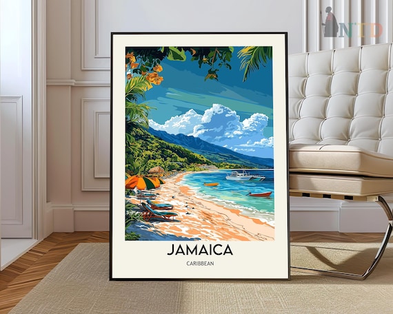 Jamaica Caribbean Tropical Beach Vintage Travel Illustration Poster