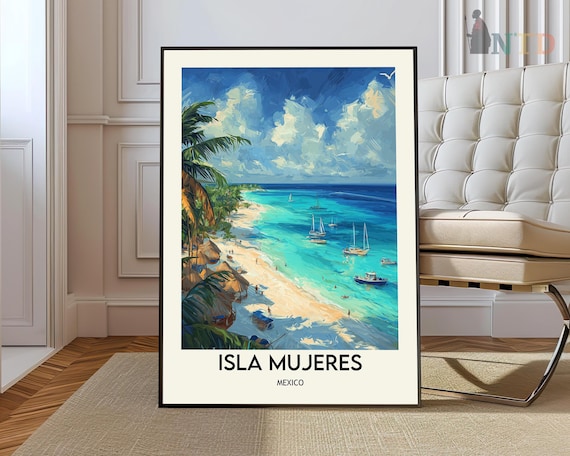 Isla Mujeres Mexico Travel Poster Tropical Beach Sailboat Art