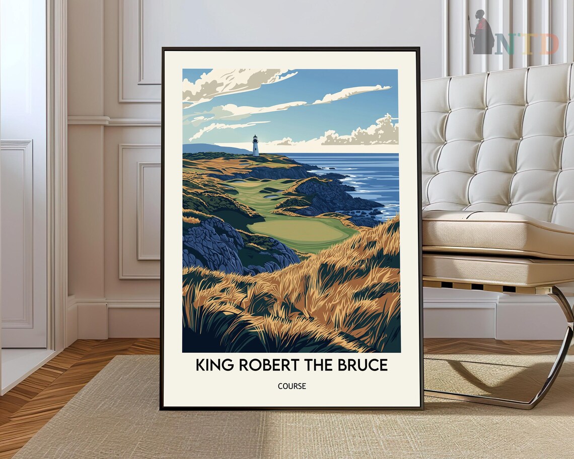 King Robert The Bruce Golf Course Scotland Coastal Links Vintage Poster