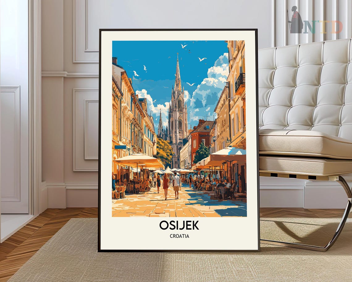 Osijek Croatia Old Town Cathedral Street Vintage Travel Poster