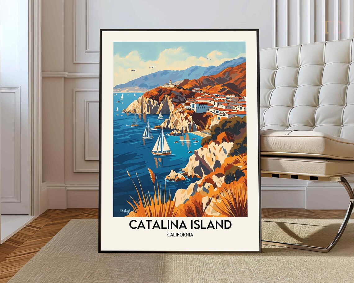 Catalina Island California Sailboat Cliff Coast Vintage Travel Poster