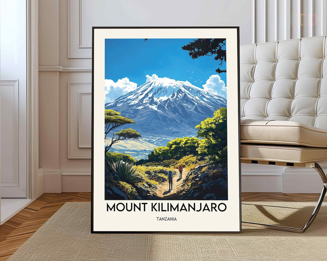 Mount Kilimanjaro Tanzania Snowy Peak Trail Vintage Travel Poster