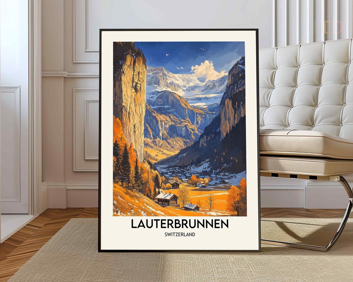 Lauterbrunnen Switzerland Autumn Valley Village Mountain Travel Poster