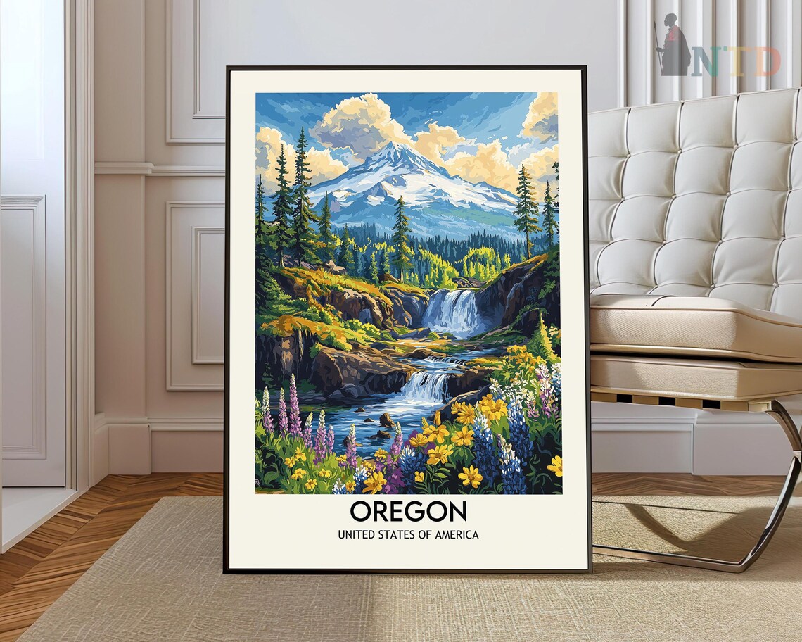 Oregon USA Waterfall Mountain Wildflowers Scenic Vintage Travel Poster