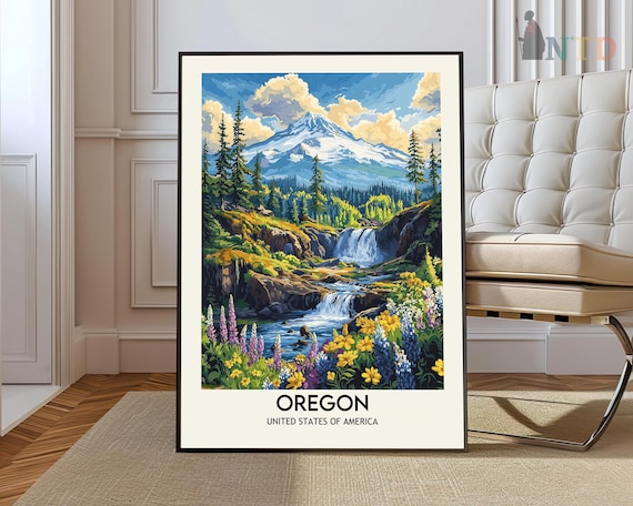 Oregon USA Waterfall Mountain Wildflowers Scenic Vintage Travel Poster
