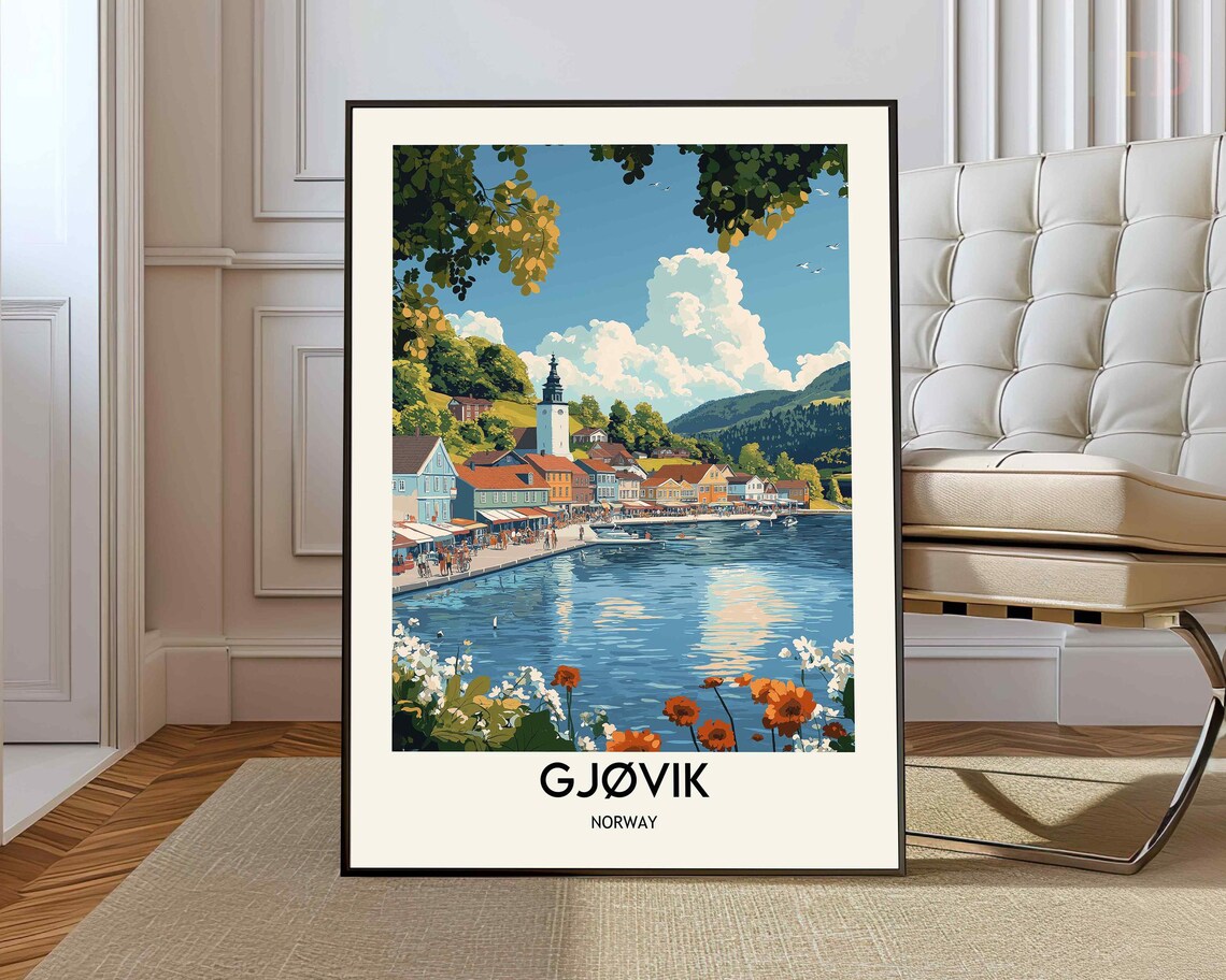 Gjovik Norway Lakeside Old Town Church View Vintage Travel Poster
