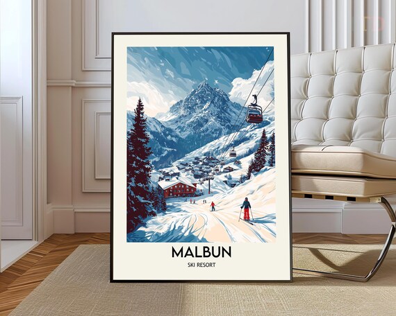 Malbun Ski Resort Alpine Slopes Gondola Winter Vintage Travel Poster