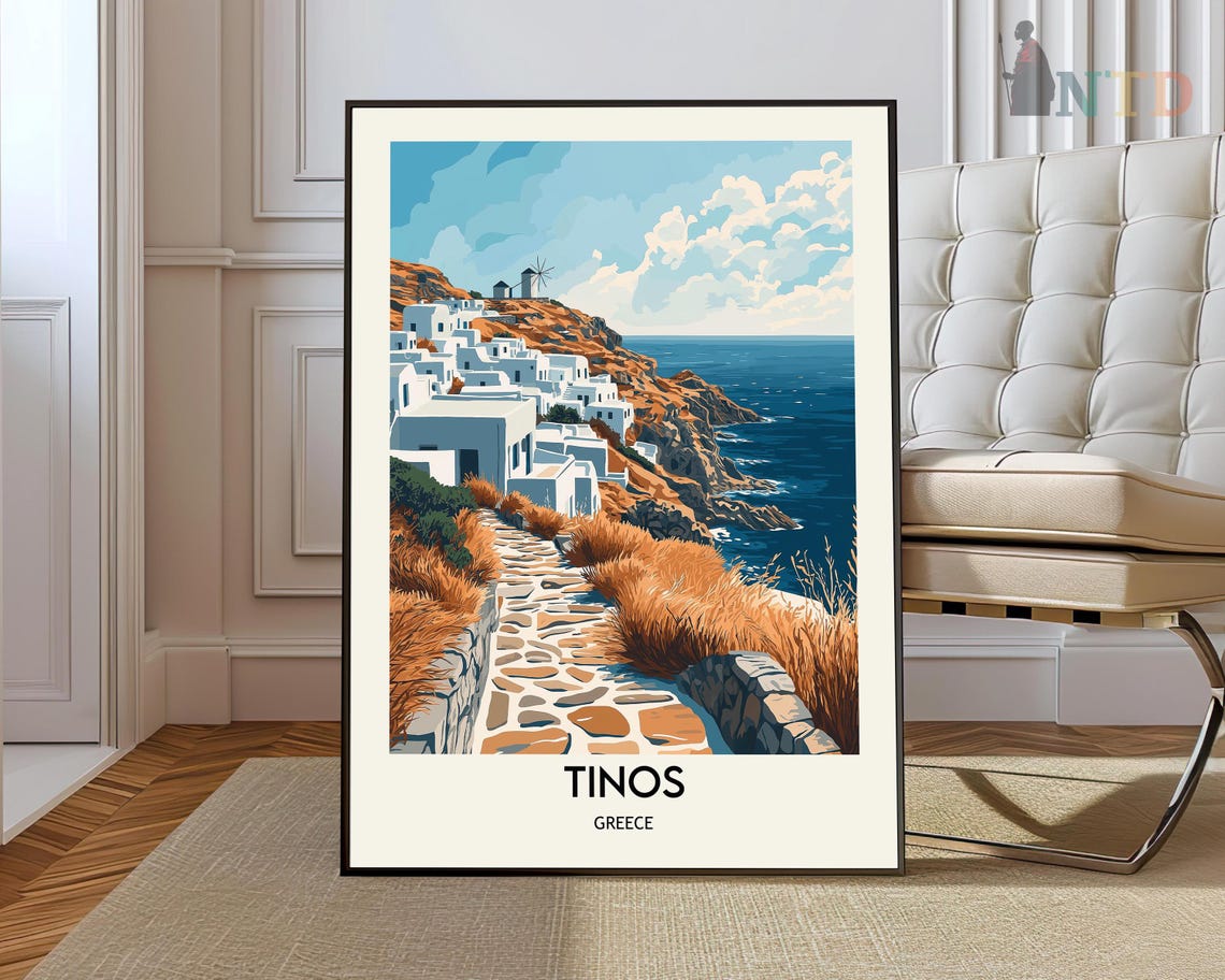 Tinos Greece Whitewashed Village Windmill Aegean Coast Travel Poster