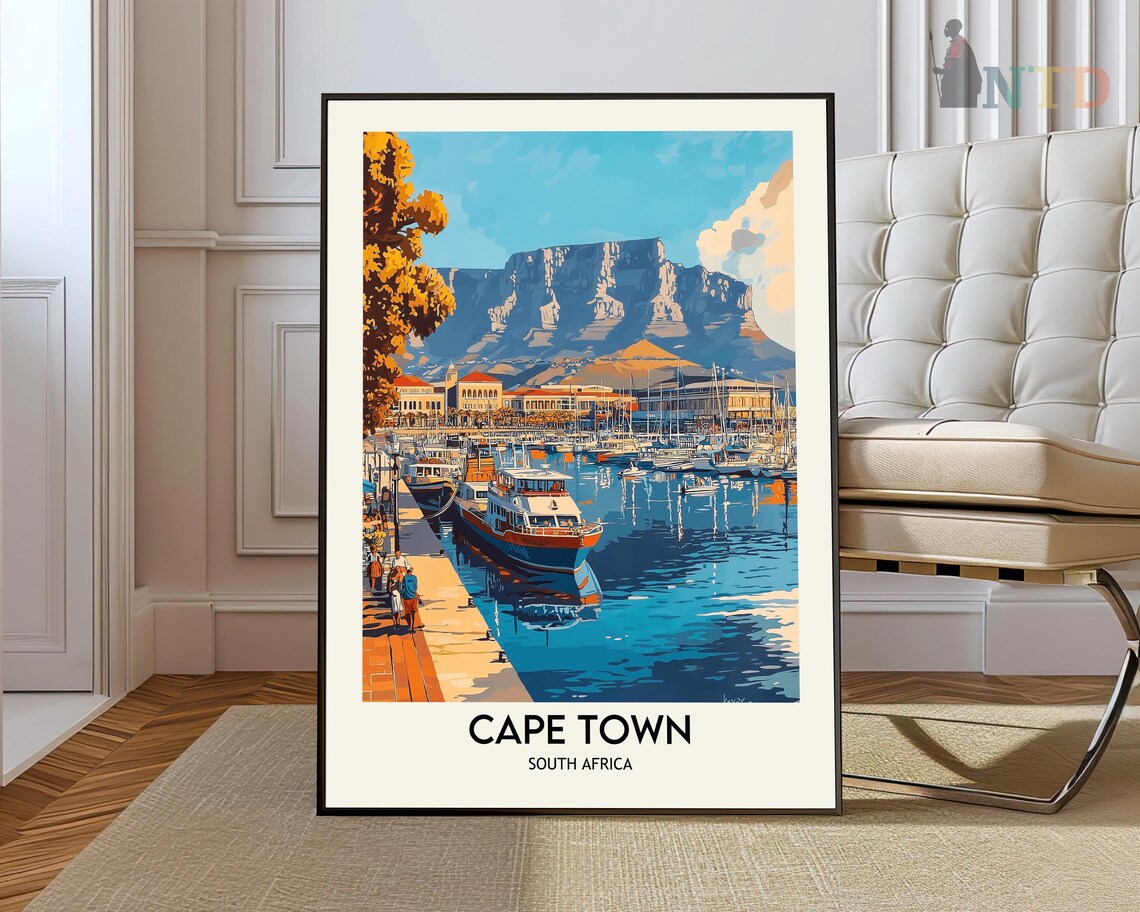 Cape Town Harbor Boats Table Mountain View Vintage Travel Poster