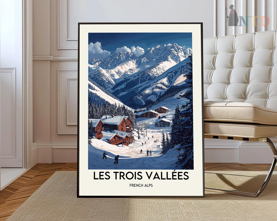 Les Trois Vallees French Alps Ski Village Snow Peaks Travel Poster
