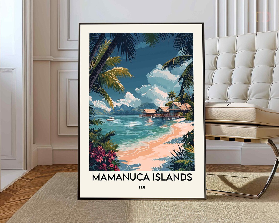 Mamanuca Islands Fiji Tropical Beach Palm Retro Travel Poster