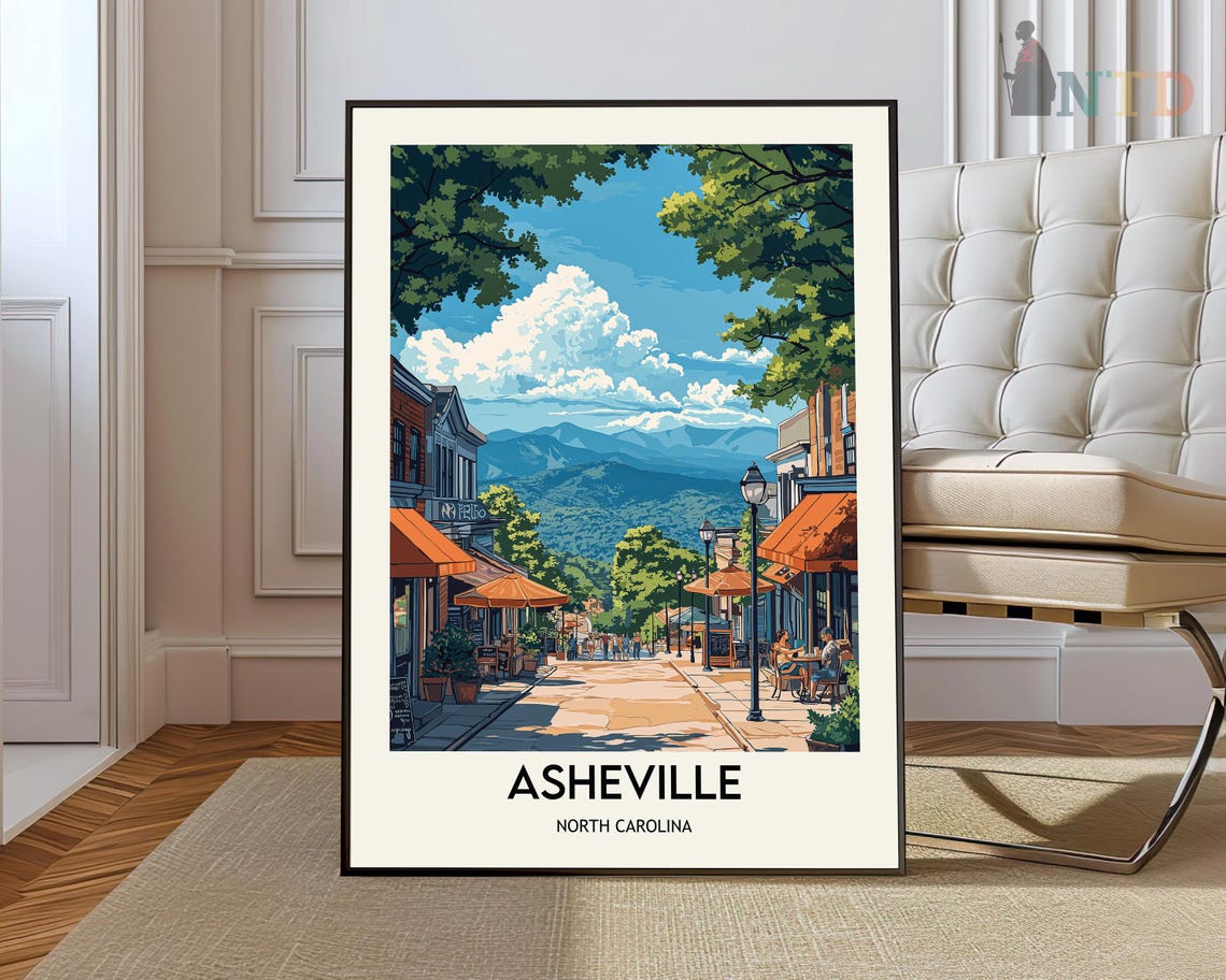 Cafe Lined Mountain Street Asheville North Carolina Travel Poster