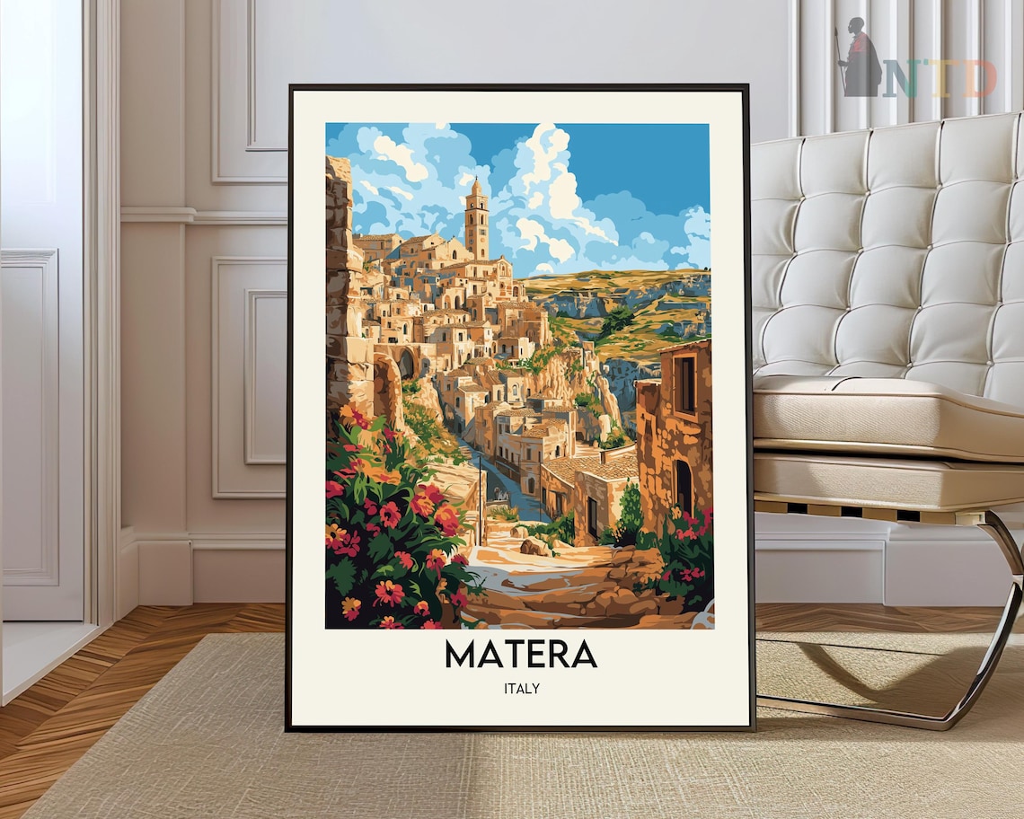 Matera Italy Vintage Travel Poster Sassi Hillside Flower View