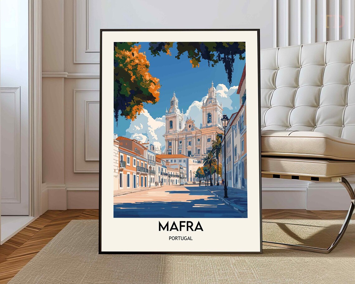 Mafra Portugal Vintage Travel Poster Historic Church Street View
