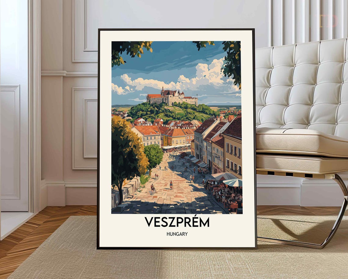 Veszprem Hungary Hilltop Castle Cobblestone Square Travel Poster
