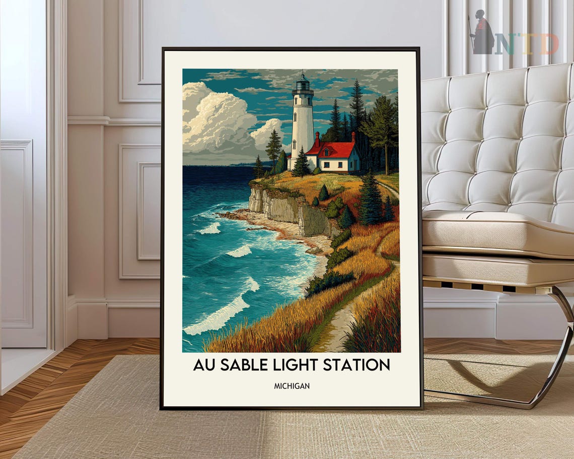 Au Sable Light Station Michigan Cliff Waves Vintage Retro Poster