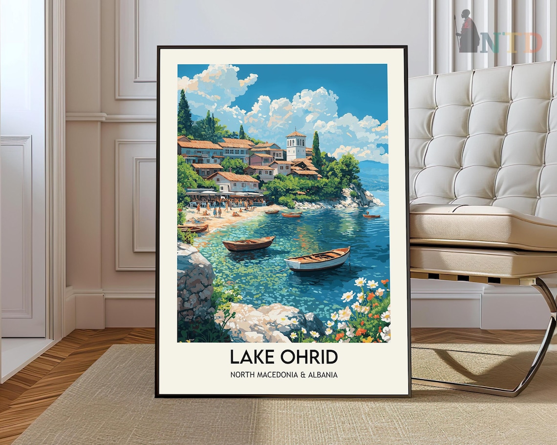 Lake Ohrid North Macedonia Waterfront Town Boats Travel Poster