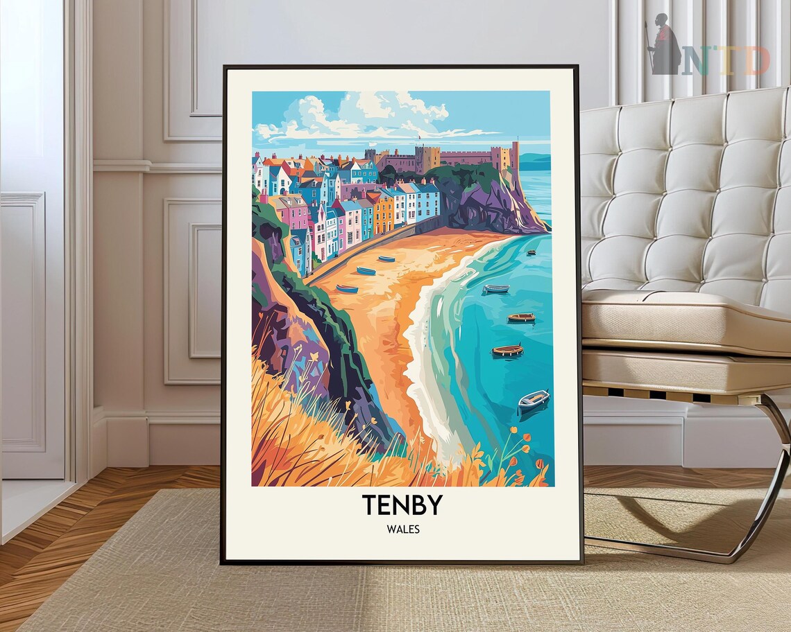 Tenby Wales Colorful Beach Houses Seaside Coastal Travel Art Poster