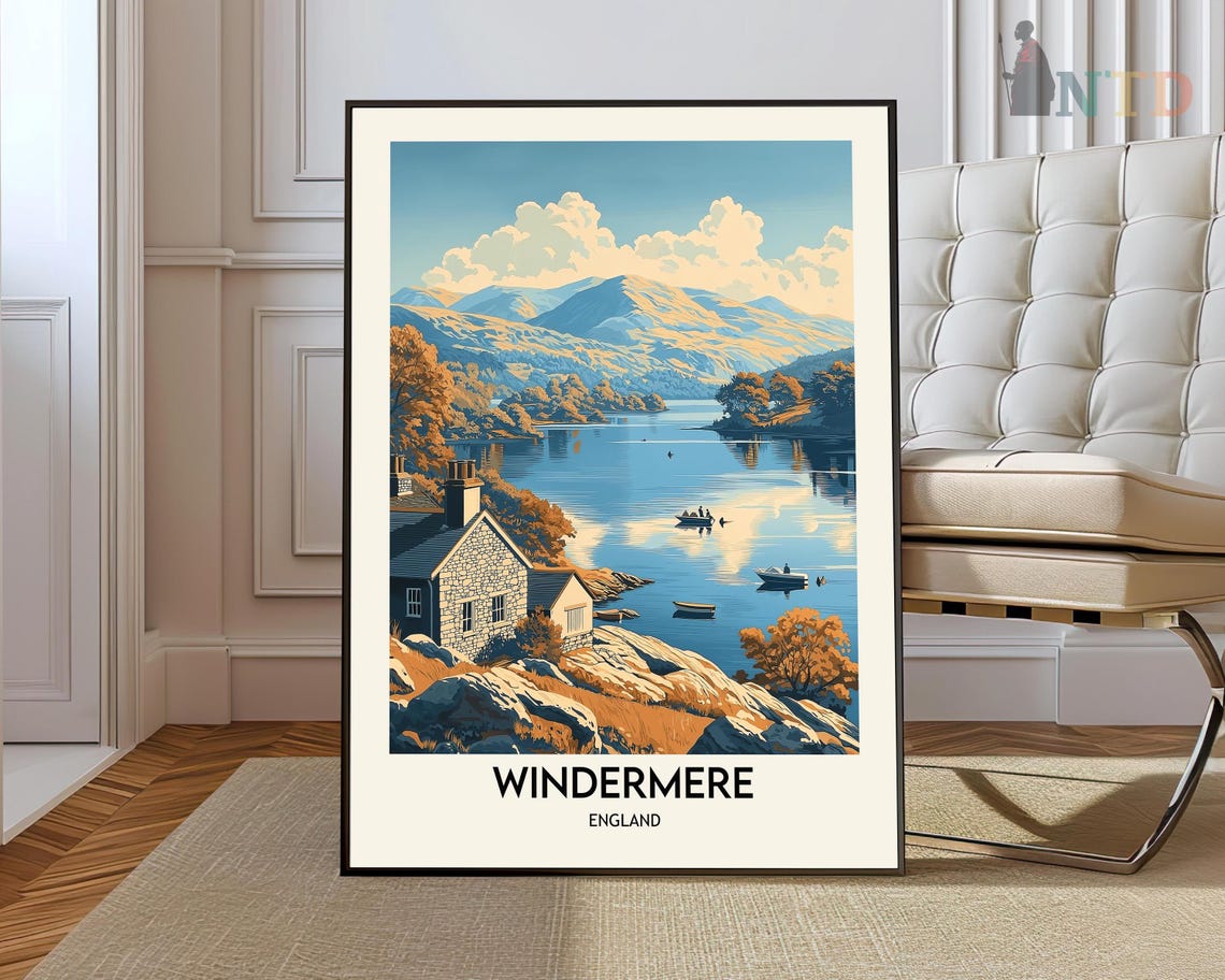 Windermere England Vintage Travel Poster Lake District Mountain Scene