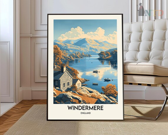 Windermere England Vintage Travel Poster Lake District Mountain Scene