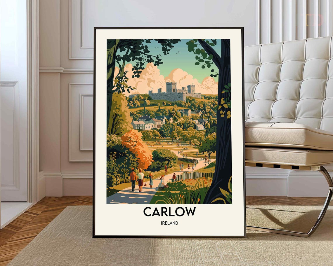 Carlow Ireland Castle Overlooking Park Vintage Style Travel Poster