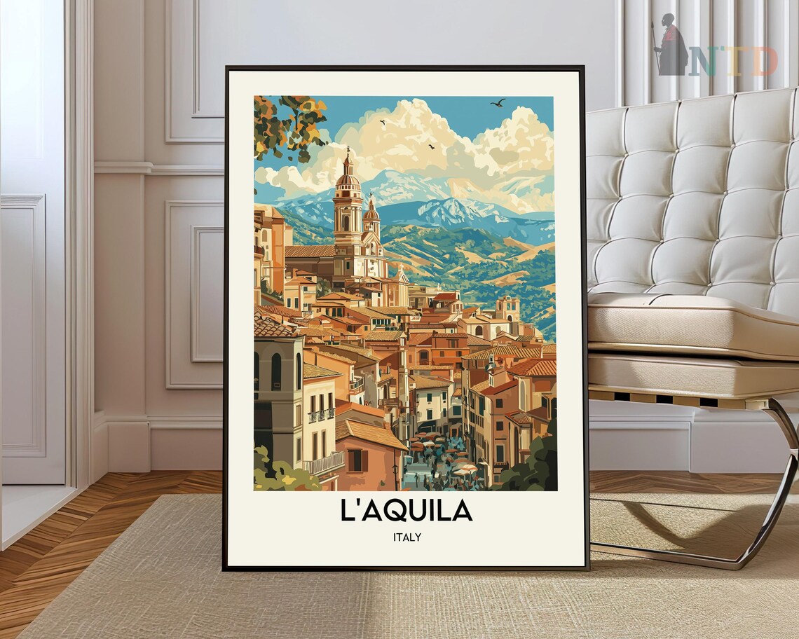 L Aquila Italy Old Town Cityscape With Church Tower Travel Poster