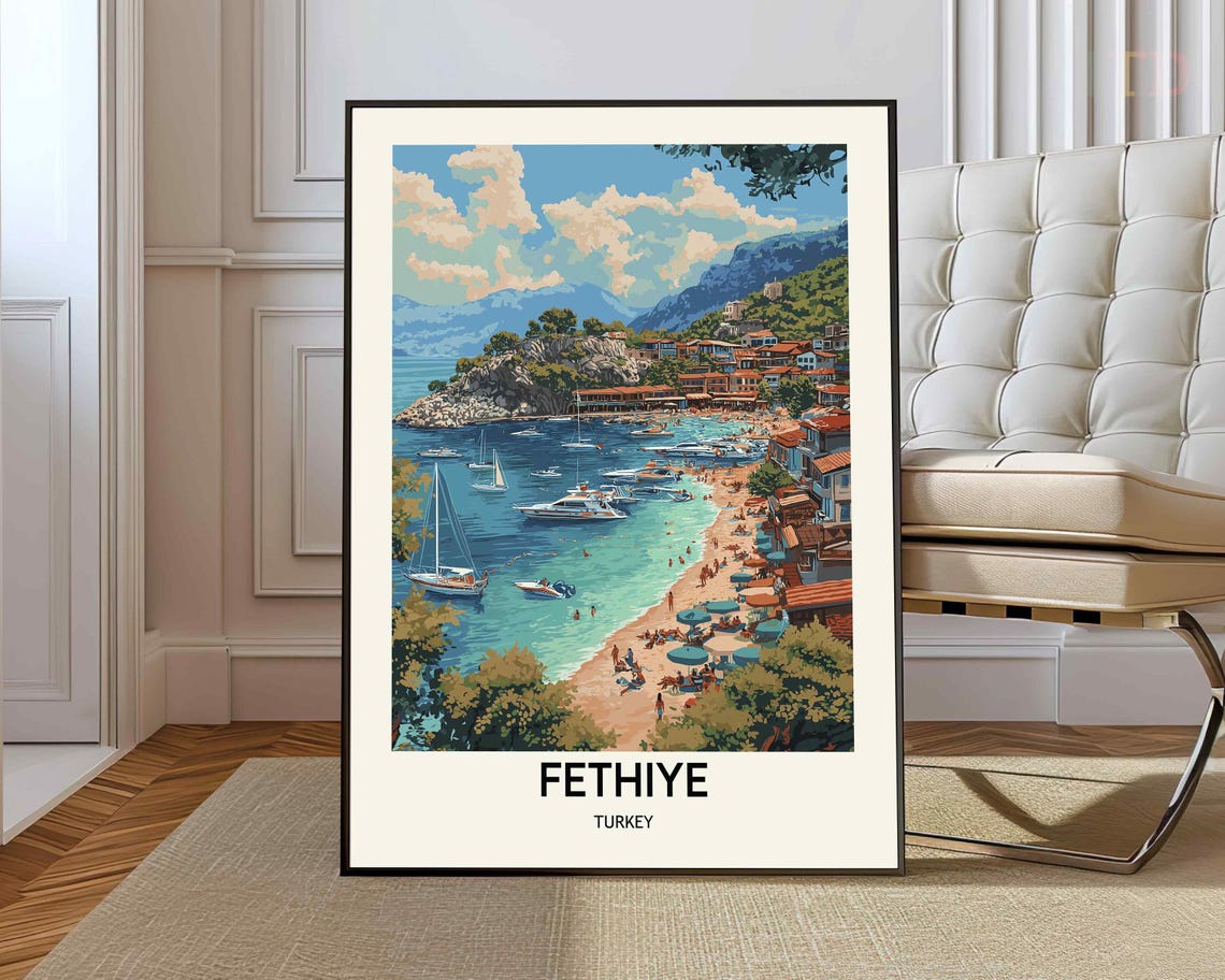 Fethiye Turkey Turquoise Bay Sailboats Beach Town Retro Travel Poster
