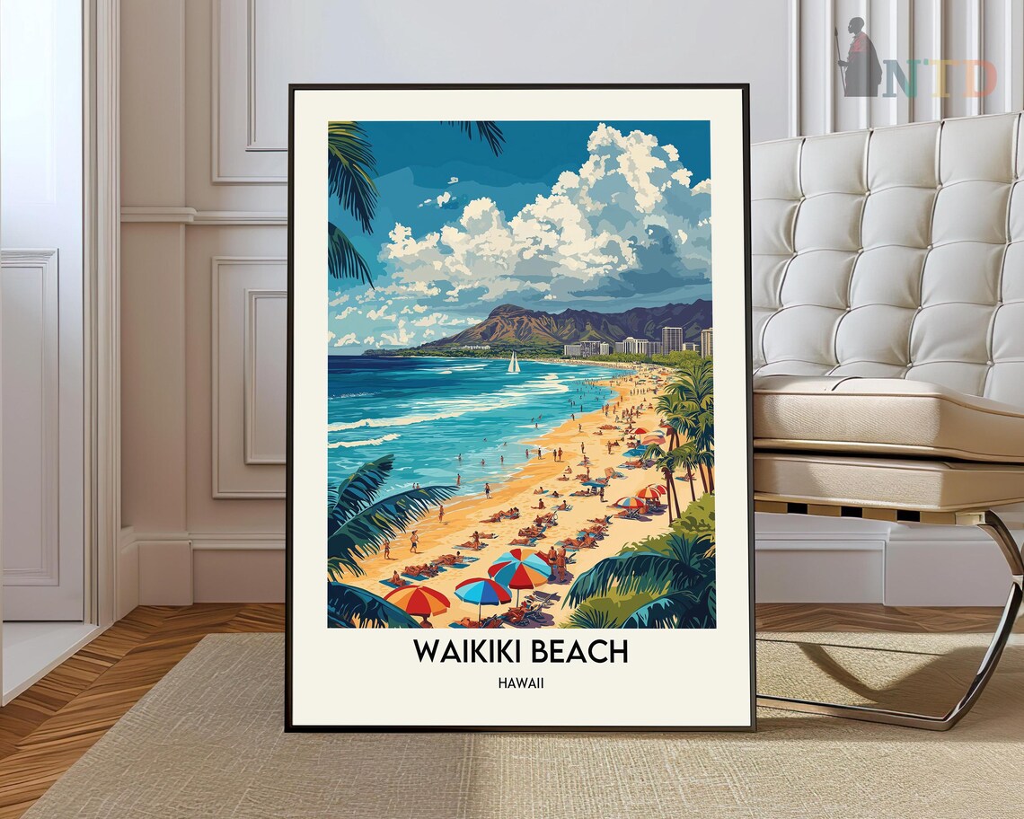 Waikiki Beach Hawaii Colorful Umbrella Crowded Shoreline Poster