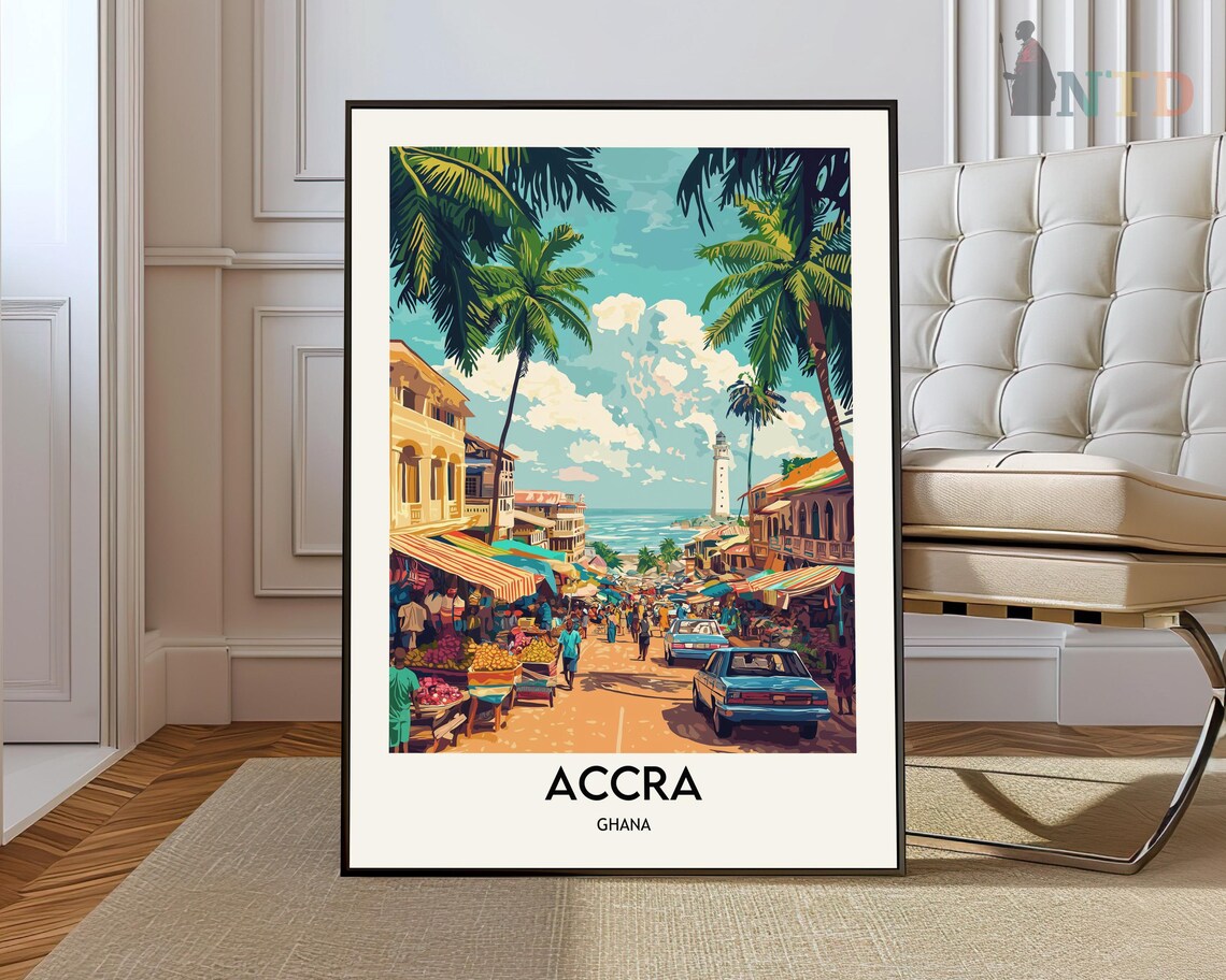 Accra Ghana Street Market Palm Trees Lighthouse Travel Poster