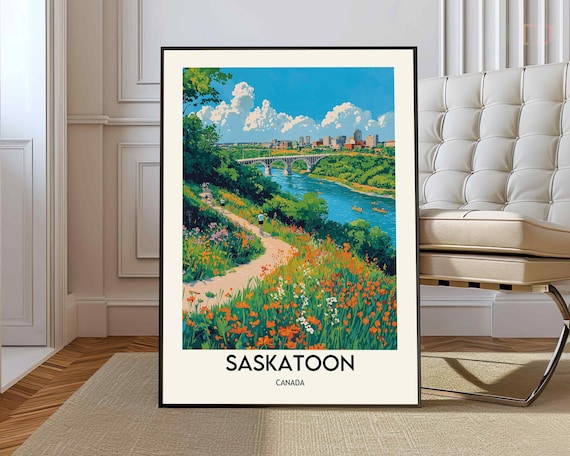 Saskatoon Canada River Valley Wildflowers Retro Travel Poster