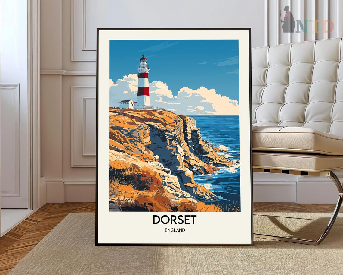 Dorset England Lighthouse Cliff Coast Ocean View Travel Poster