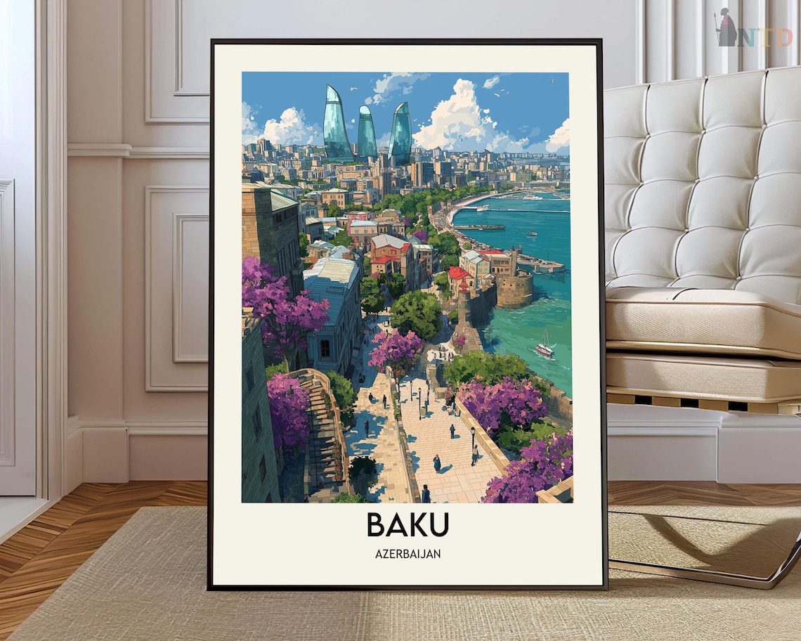 Baku Azerbaijan Old Town Skyline Panorama Harbor Travel Poster