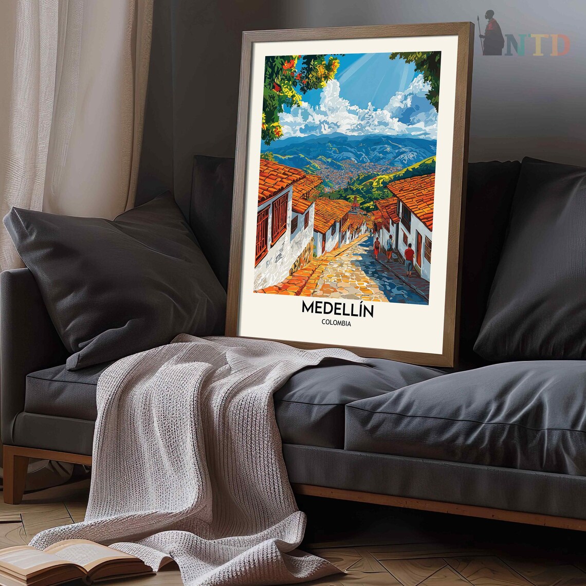 Medellin Colombia Cobbled Hillside Street Valley View Poster - Image 3