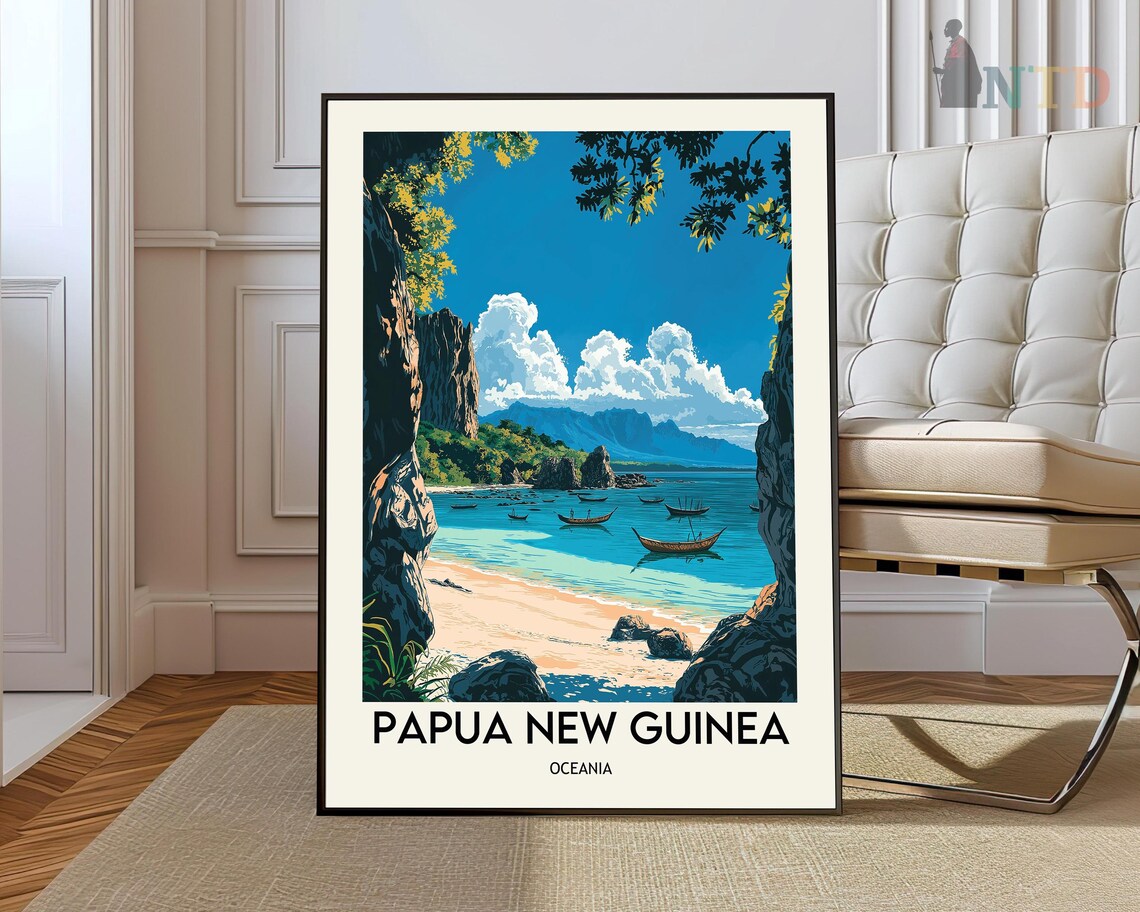 Papua New Guinea Beach Boats Vintage Style Oceania Travel Poster