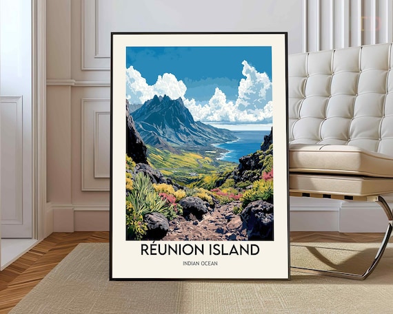 Reunion Island Indian Ocean Volcano Trail Vintage Adventure Poster