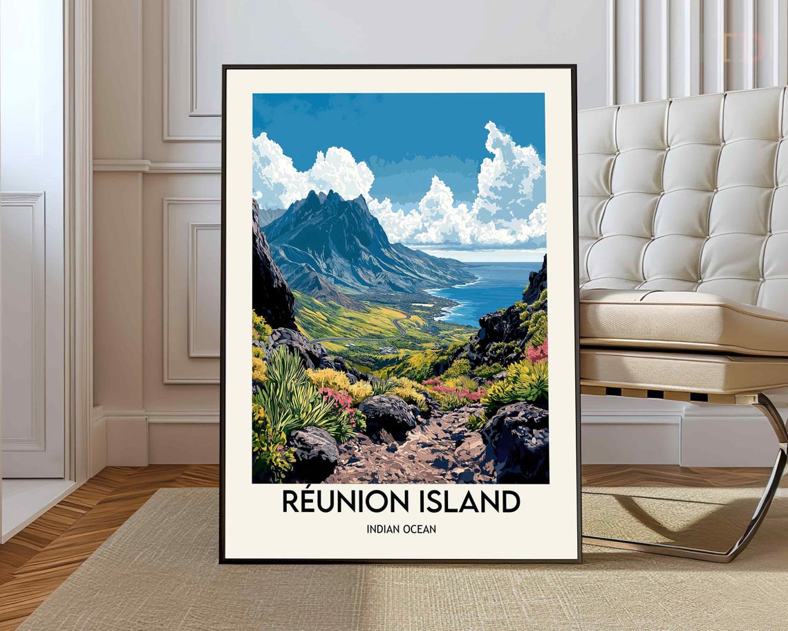Reunion Island Indian Ocean Volcano Trail Vintage Adventure Poster