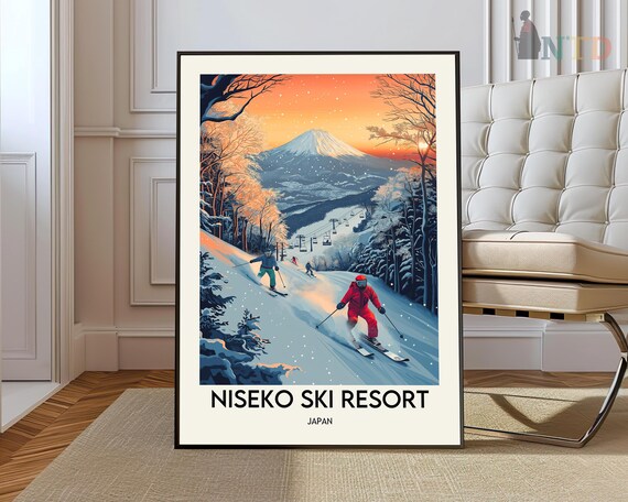 Niseko Ski Resort Japan Sunset Skiers Powder Slope Travel Poster